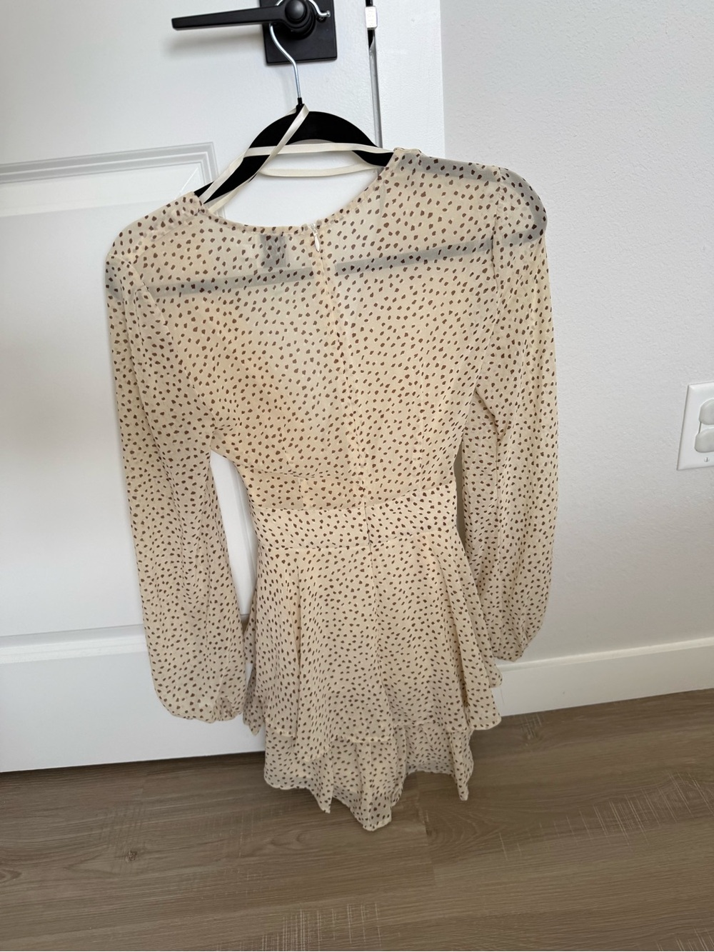 PRINCESS POLLY Beige Polka Dot Wrap Mini Dress with Tie Waist - Picture 2 of 2